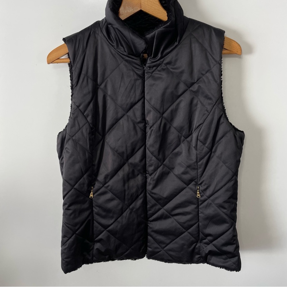 LRL Black Quilted Reversible Patterned Faux Fur Vest, size L